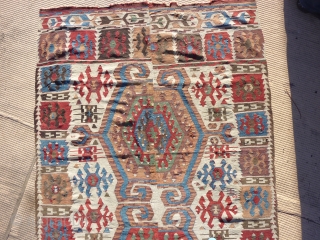 Antique and rare 2 bands anatolian kilim. Very nice colors and design scale, complete. Just needs a bath to shine again...For a forum discussion on this special family of kilim: http://www.turkotek.com/misc_00110/kilim_frag.htm  