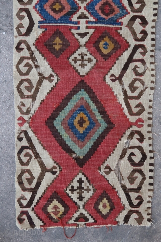 Antique anatolian kilim fragment (180 cm. x 61 cm.)
Good old dyes and bold design, rare.
More pictures and info: ygissinger@yahoo.fr
Shipping worldwide at cost.           