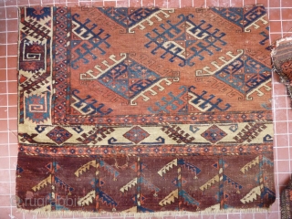 Fragment of a fine old Yomud main carpet.
A complete sample: border, skirt and field. As found condition, needs a bath and a good home.
104cm x 84cm       