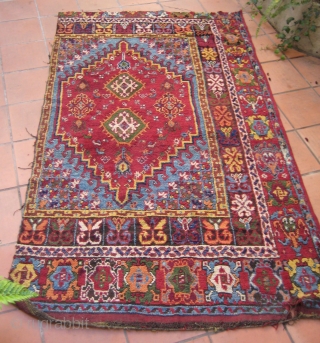 Fragment of an old, small, colorful Rabat rug (232cm. x 135cm.) 

Small animals, high & glossy pile, superb colors -no ugly orange, here it is apricot!-
Nothing to envy to anatolian rugs...

Moth damages  ...