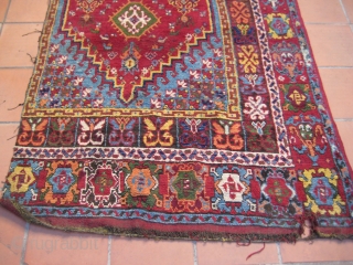 Fragment of an old, small, colorful Rabat rug (232cm. x 135cm.) 

Small animals, high & glossy pile, superb colors -no ugly orange, here it is apricot!-
Nothing to envy to anatolian rugs...

Moth damages  ...
