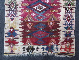 Old, fine and colorful small Reyhanli kilim from Anatolia (115 cm. x 82 cm.) Rare familial weaving with wonderful dyes and a lovely size. Could make a great addition to a collection,  ...