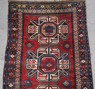 Rare, old and beautiful traditional Karabagh "turtle" 4 medallions rug (270 cm. x 130 cm.) Good condition for its age with high pile all over, some moth bites, few rows of black  ...