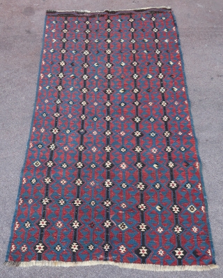Rare and beautiful fragment of an Avar caucasian kilim (224 cm. x 135 cm.)
Interesting archaic positive/negative design.
Condition as shown, some scattered repairs, wear and losses.
Shipping at cost worldwide     