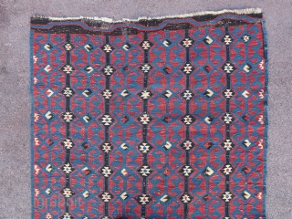 Rare and beautiful fragment of an Avar caucasian kilim (224 cm. x 135 cm.)
Interesting archaic positive/negative design.
Condition as shown, some scattered repairs, wear and losses.
Shipping at cost worldwide     