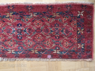 Old and delicate Ersari trapping (153 cm x 40 cm) Lustrous wool, delicately drawn flower trellis, nice colors including blue and a blue-green. One hole, a small loss on a border, but  ...