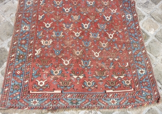 Caucasian rug (178cmX122cm). Low pile with overall uneven wear, few little repairs, frayed at ends (bottom end secured), all is shown and visible on pictures. Price fixed according to condition.   
