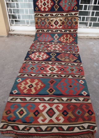 Old, long, and bold Shahsavan kilim in good condition (450 cm x 105 cm)
Unusual size and lovely color variations for this authentic, joyful, and decorative piece.
As usual, price unrelated to beauty and  ...
