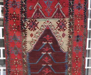 Old and beautiful Konya "Tulip panel" kilim (179 cm x 102 cm)
Very good dyes, including an especially beautiful saturated red
Overall good condition, with a stain, and 2 small repairs in the upper  ...