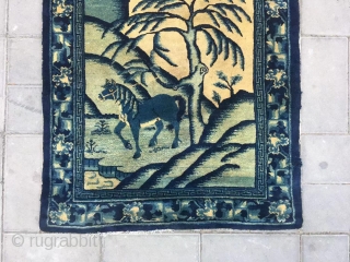 Chinese Baotou rug, about 120 years, there is a Chinese idiom called "washing a horse in the willow forest", according to the idyllic mood of the idiom composition of the pattern.size 78*158cm(30*62”) 