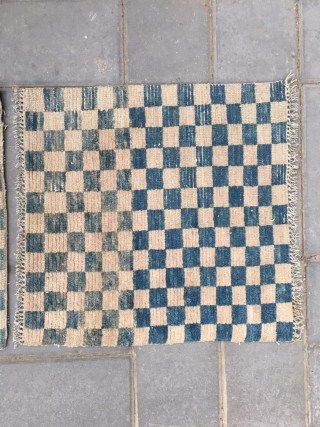 Tibetan rug, blue white square checker board, about late Qing Dynasty. A pair of cushion. Size 45*45cm(18*18”)                