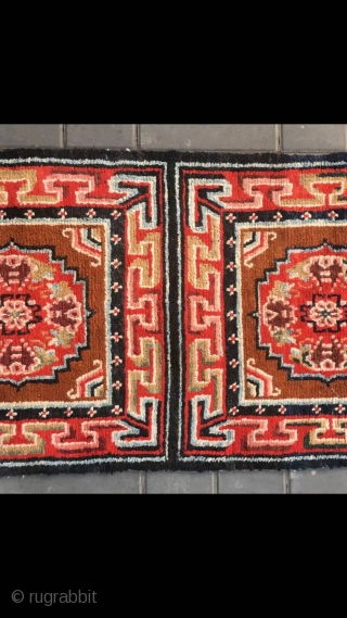 Tibetan rug, re color and three joined with single group flower pattern. Wool warp and weft. Late Qing Dynasty. Good and condition. Size 68*190cm(27*74”)         