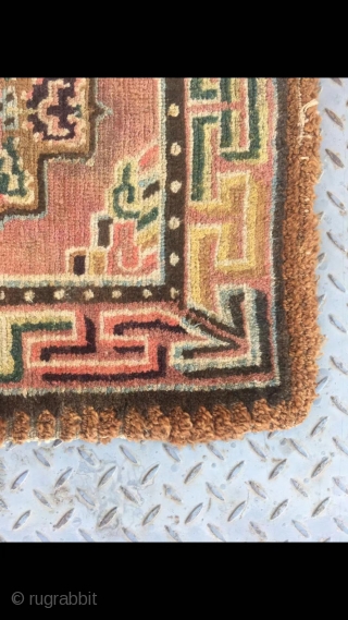 Tibetan rug, square seating rug, wool warp and weft.single cross flower with lucky cloud veins. About mid Qing Dynasty, good condition no any repair. Size 66*66cm(26*26”)       