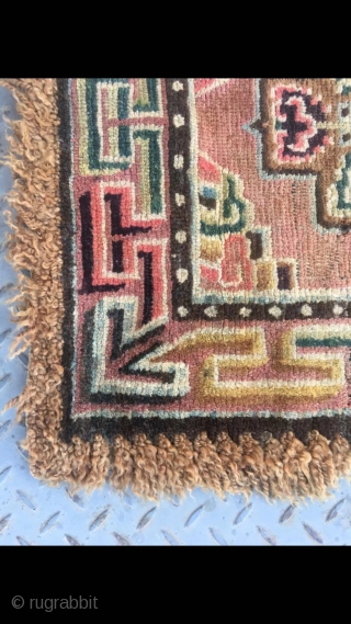 Tibetan rug, square seating rug, wool warp and weft.single cross flower with lucky cloud veins. About mid Qing Dynasty, good condition no any repair. Size 66*66cm(26*26”)       