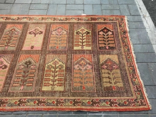 Xinjiang rug, it was produced in Khotan area Xingjiang province , very late Qing Dynasty, circa 1915. Very rare pattern . Good age and condition. Size 145*272cm(57*106”)      