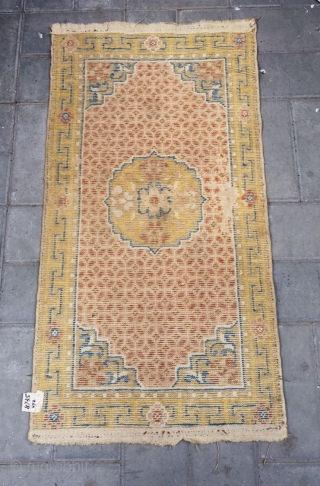 Chinese Ningxia rug, golden background with full of gold coin pattern. Good age. Size 60*120cm(23*46”)                  