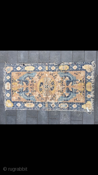 #2026 Ningxia rug, light camel background with foo dogs pattern, it was produced earlier Qing Dynasty, good age. Size123*62cm(48*24")              