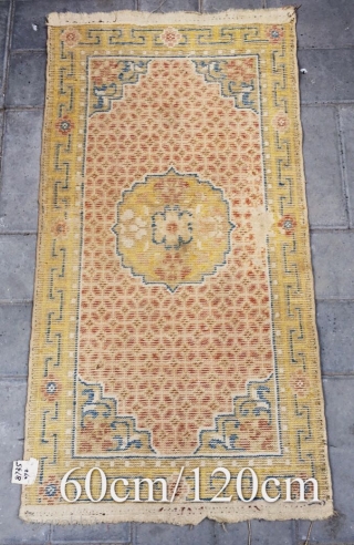 Chinese Ningxia rug, golden background with full of gold coin pattern. Good age. Size 60*120cm(23*46”)                  