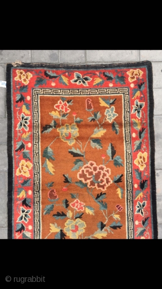 Tibet rug, yellow background with beautiful flowers veins. Good age and condition. Size 80*160cm(31*62”)                   