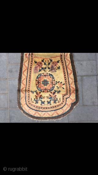 Chinese Ningxia horse saddle rug, nice yellow background with flowers pattern. About 150 years old. Good condition. Size 61*130cm (24*51”)             