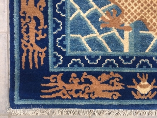 Chinese Baotou rug, blue background with nice dragon in the cloud pattern. Good condition. Size 100*200cm( 39*78”)                