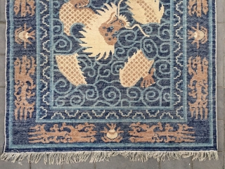 Chinese Baotou rug, blue background with nice dragon in the cloud pattern. Good condition. Size 100*200cm( 39*78”)                