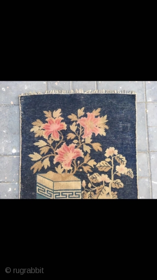 Chinese Baotou rug, blue background with Bogu vase and flowers vines. Good age and condition. Size 66*130cm(26*51”)                