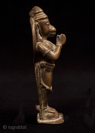 Hanuman, the monkey god, India. Lost wax cast bronze. 4.75" (12 cm) high. 17th century.

Hanuman, known also as Anjaneya, is one of the most important personalities in the epic Ramayana. He accompanied  ...