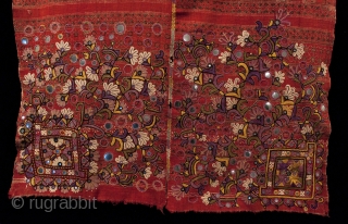 Man’s wedding shawl (doshalo). Rajasthan, India. Meghwar leather workers caste. Ajrakh vegetal dye blockprint with silk embroidery. Mid-20th century. 41" wide by 96" long (104 by 244 cm).     