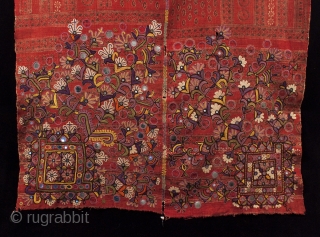 Man’s wedding shawl (doshalo). Rajasthan, India. Meghwar leather workers caste. Ajrakh vegetal dye blockprint with silk embroidery. Mid-20th century. 41" wide by 96" long (104 by 244 cm).     