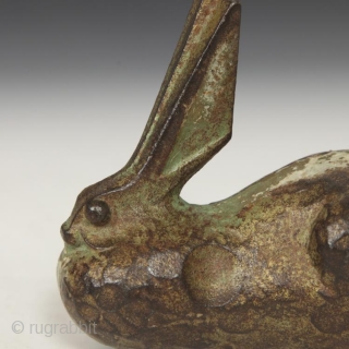 Cast iron rabbit okimono, Japan. 2.25" wide by 4.5" deep by 3.75" high. Last year, a small group of cast iron animals was found in a burlap bag in a rural peddler's  ...