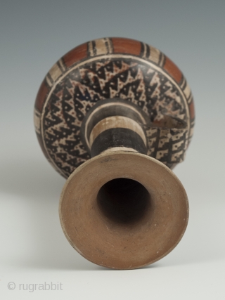 Small jar, Inca, Peru, Earthenware, 6.5" (16.5 cm) high, 1470-1550 A.D. An unusual globular terracotta jar with a tall neck, flared top and loop handle, painted on the shoulder with a stylized  ...
