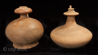 Kendi holy water vessels, East Java. Earthenware. 5.5” high.
Late 14th to early 15th century, Majahapit dynasty.                 