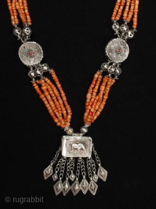 A beautiful coral and silver wedding necklace from Tajikistan, Central Asia. 33 inches (84 cm) interior circumference, 178 grams. Late 19th - early 20th century.        