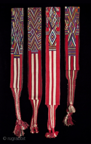 Faja (sash)
Nebaj, Guatemala
Cotton
1970s to 1980s
Ex. private San Francisco collection

These faja were hand woven on back strap looms in red, white and black and are decorated with brocaded designs covering part of the  ...