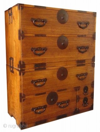 Japanese 2Section Kiri Tansu
Japanese 2 section Kiri (paulownia) isho tansu, or clothing chest of drawers. With hand forged iron hardware and pulls with chrysanthemum studs beneath. The top and sides of each  ...