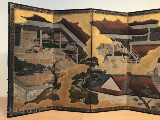 Antique Japanese Tale of Genji Screen - the Art of Seduction

A mid-century 18th C Japanese Tosa school six panel byobu painted screen. Rimpa paint of gofun paper with gold leafed clouds dividing  ...