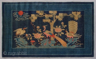 No.Lu90 * Chinese Antique Rug "Crane+Phoenixs+Flowers". Age:Late 19th Century. Size:128x207cm(4'2"x6'9"). Origin:Baotou-Suiyuan. Shape:Rectangle. Background Color:Blues                   