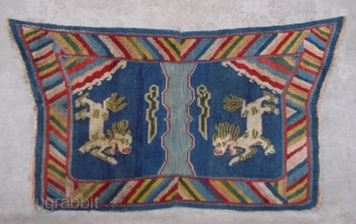 No.A0056 * Tibet  "Fo Dog" Laddy Saddle Rug, Size:70x124cm(28"x49").
Origin:Tibet. Shape:Papilionaceous. Background Color:Blues. wool/wool                   