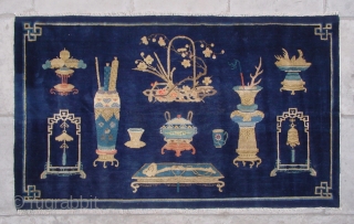 No.CL047 * Chinese Antique "Vase Design" Rug, Age:Late19th Century.Size:99x166cm(3'3"x5'5").
Origin:Baotou-Suiyuan. Shape:Rectangle. Background Color:Blues.                     