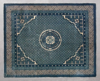 No.D010 * Chinese Antique Rug "Coin Design" . Age: 19th Century. Size: 153x188cm(5'x6'2") Origin: Baotou-Suiyuan Shape: Rectangle.  Background Color: Whites and Blues. This grand and elegant large carpet has a beautiful  ...