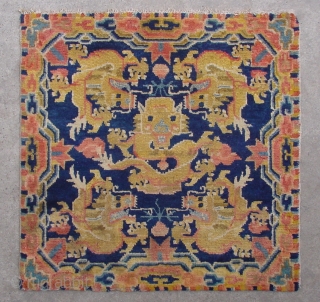 No.CL065 * Chinese Antique Ningxia Rugs-Mat "Five Dragons" from Tibet. Size:69x69cm(27"x27"). Age:19th Century. Origin:Ningxia. Shape:Square. Background Color:Blues.                