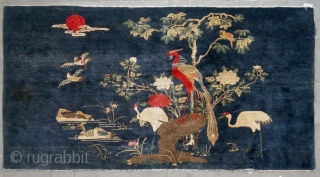 No.R138 * Chinese Antique "Phoenix+Bird" Rug , Age: 19th Century. Size: 113x200cm(44"x79").Origin: Baotou-Suiyuan.Shape: Rectangle. Background Color: Blues.                