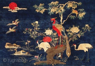 No.R138 * Chinese Antique "Phoenix+Bird" Rug , Age: 19th Century. Size: 113x200cm(44"x79").Origin: Baotou-Suiyuan.Shape: Rectangle. Background Color: Blues.                