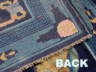 No.R081 * Chinese Antique Rug-(4'6"x6'10") .
Origin: Baotou Shape: Rectangle. 
Age: Late 19th Century. 
Size:  136 x 209cm (4'6"x6'10") 
Material: 100% Wool Woven: Hand-knotted 
Background Color: Blues.
 
The the picture in the  ...