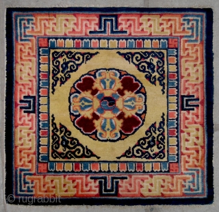 No.R090 * Chinese Antique Ningxia Temple Mat-Rug,Age: 19th Century. Size: 70x73cm( 28" x 29" ).Origin:Ningxia. Shape: Square.Background Color: Yellows. 
             