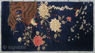 No.D8291 * Chinese Antique "Magpies+Peony" Rug ,Size: 66x124cm(26"x49").Origin: Baotou-Suiyuan.Shape: Rectangle. Background Color: Blues.                    