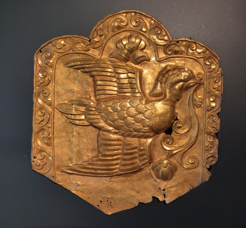 silver-gilt repousse plaque depicting a mandarin duck in flight, Central Asia, 7th-9th cen. Francesca Galloway