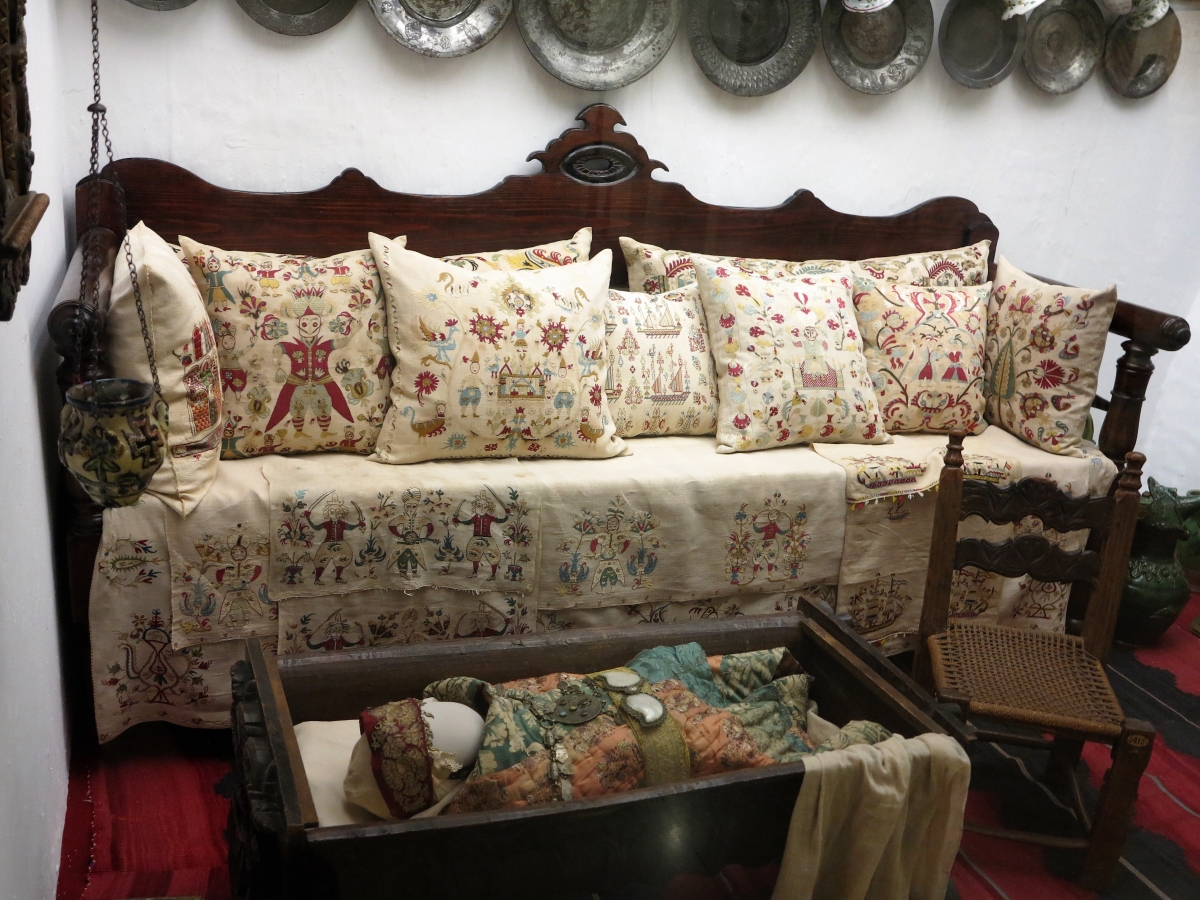 embroidered pillows from Skyros, Benaki Museum